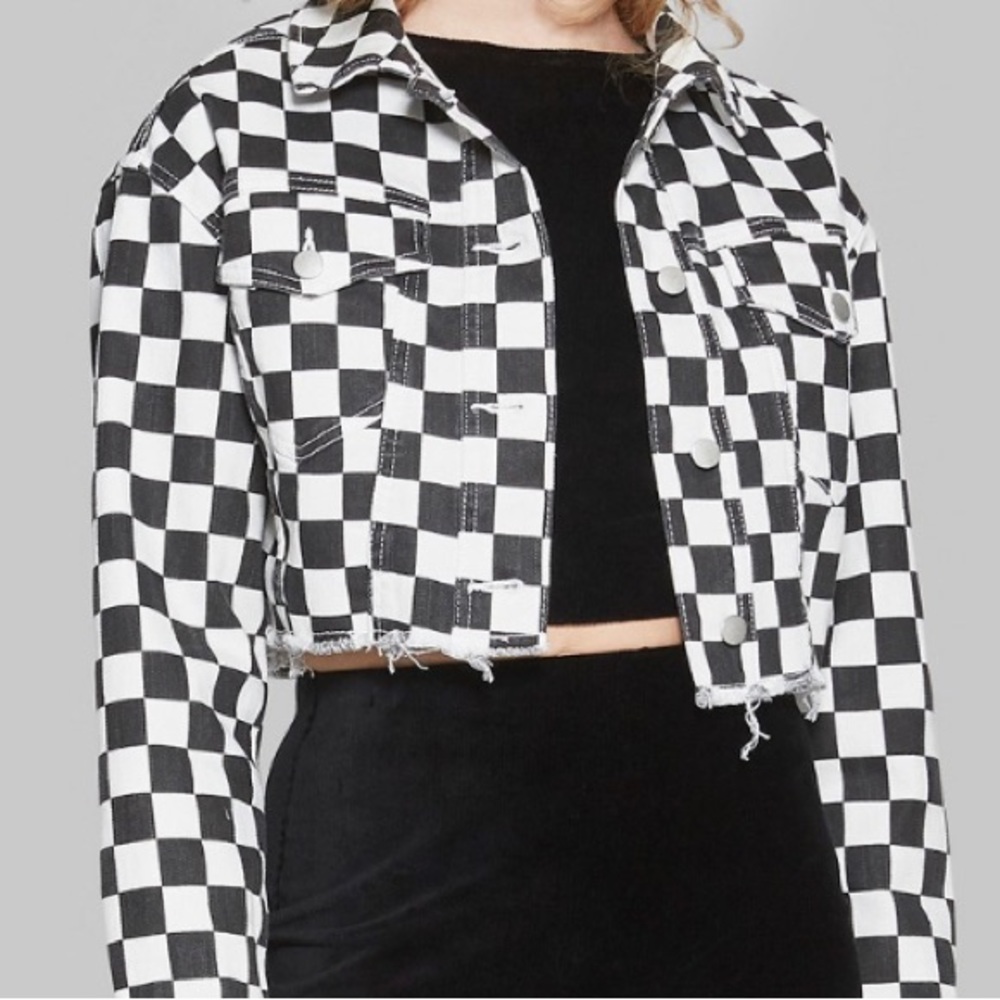 Cropped and fringed checkered jacket